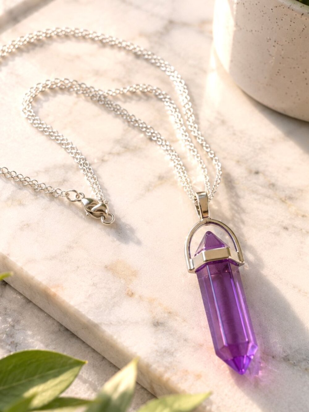 Purple Crystal Quartz Bullet Point Pendant Necklace on 24' Silver Chain